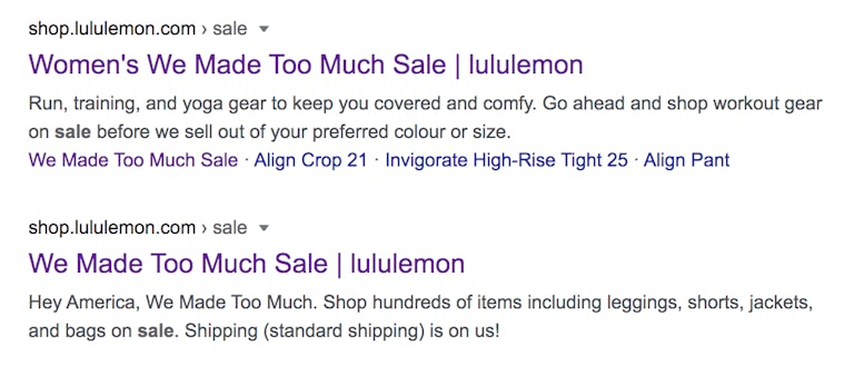 google search for lululemon sale